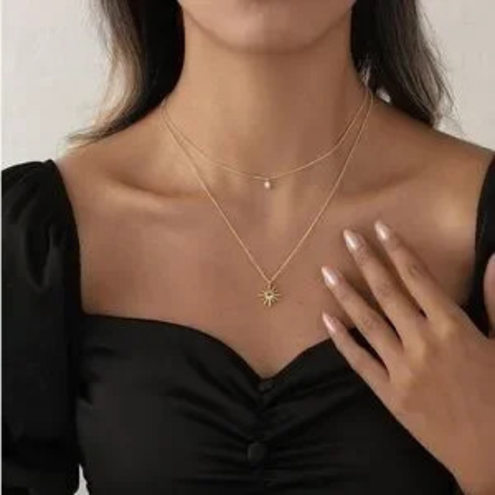 Luxury 14K Gold Plated Tear Circle Sunburst Pendant Necklace